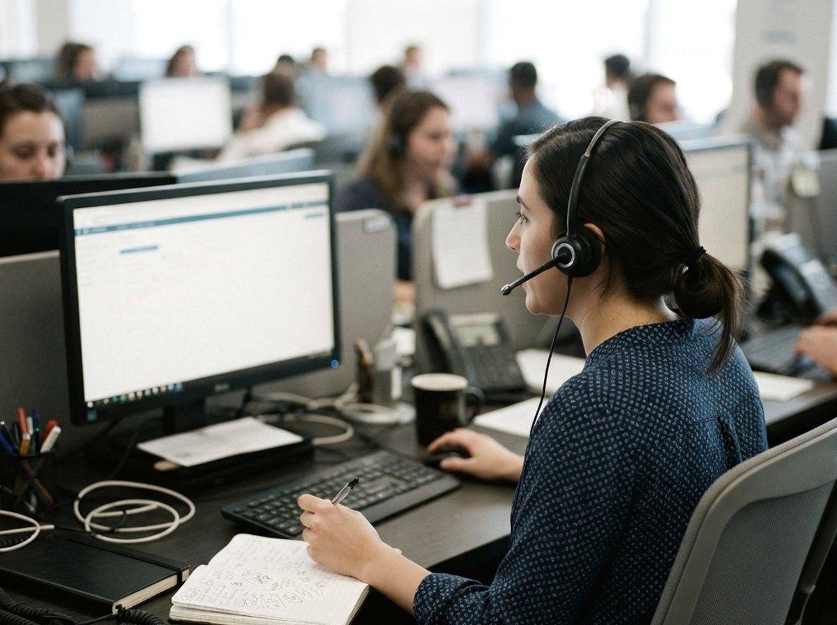 A call center agent wearing a headset works at a desk with computer screens in a dimly lit office.