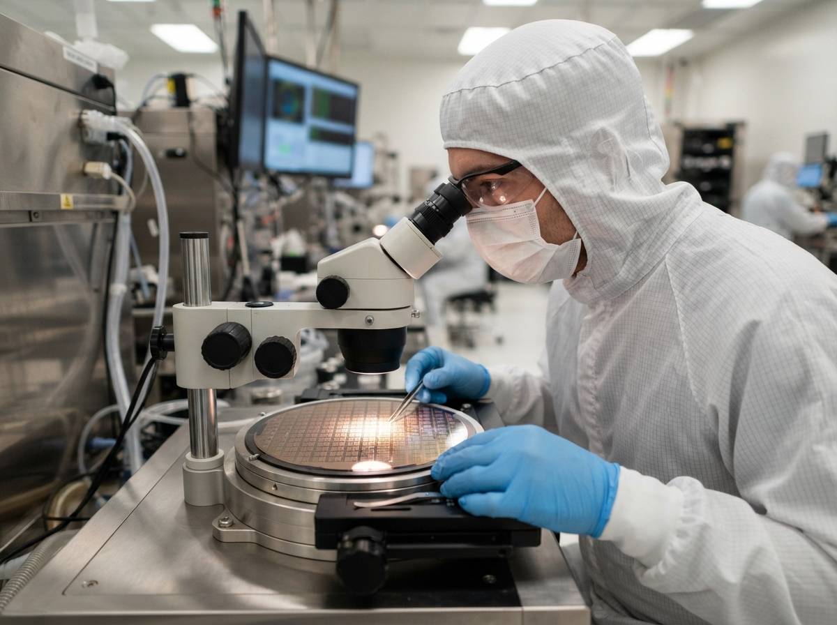 A clean room technician in protective gear inspects a memory chip wafer.