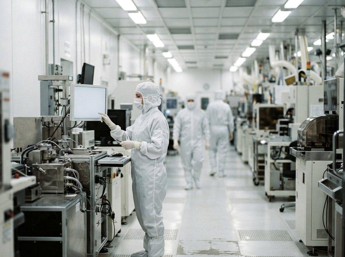 A cleanroom technician in a protective suit examining a silicon wafer inside a chip fabrication facility.