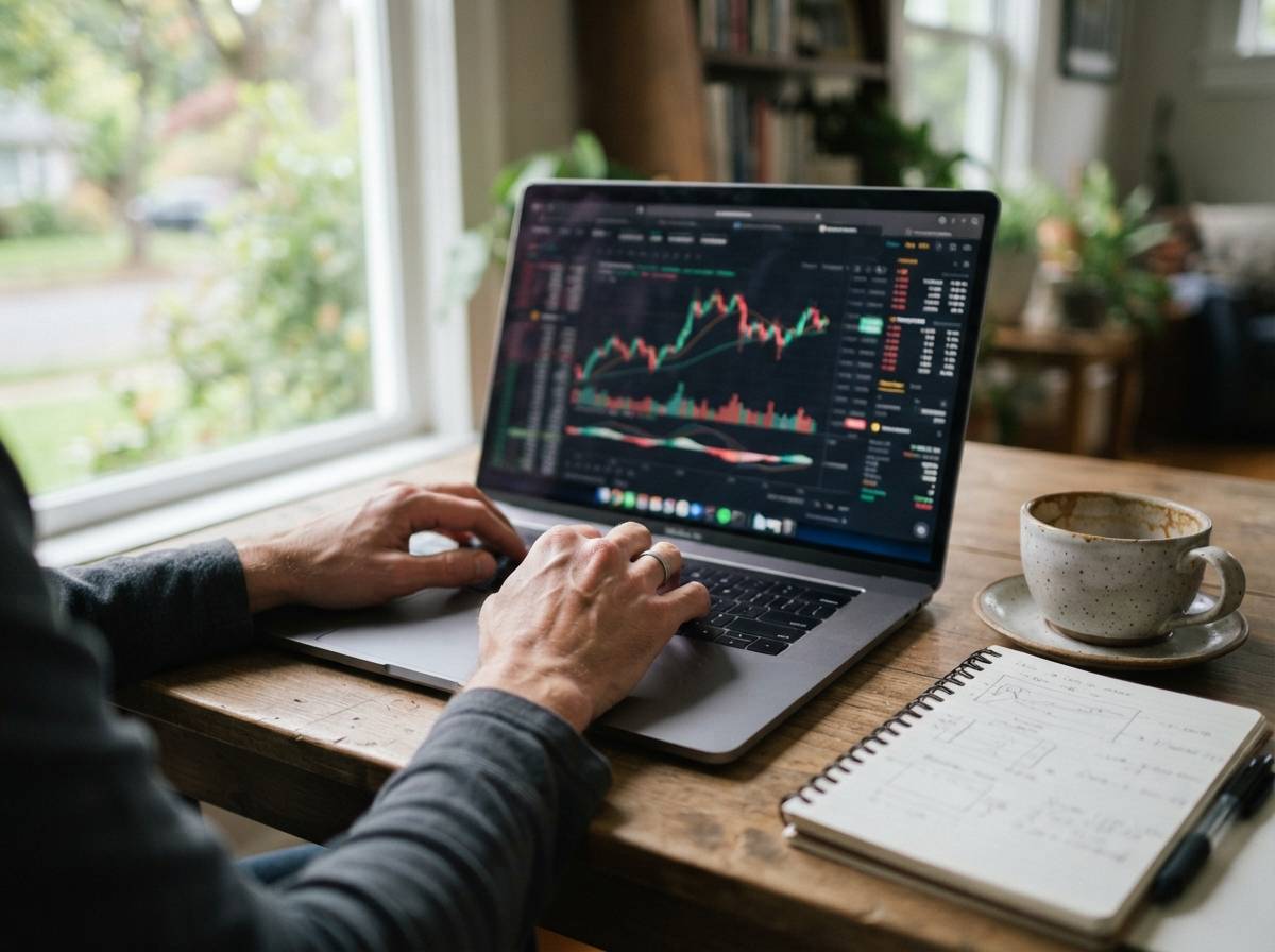 A compliance officer reviews regulatory paperwork and cryptocurrency charts on a laptop at an office desk.