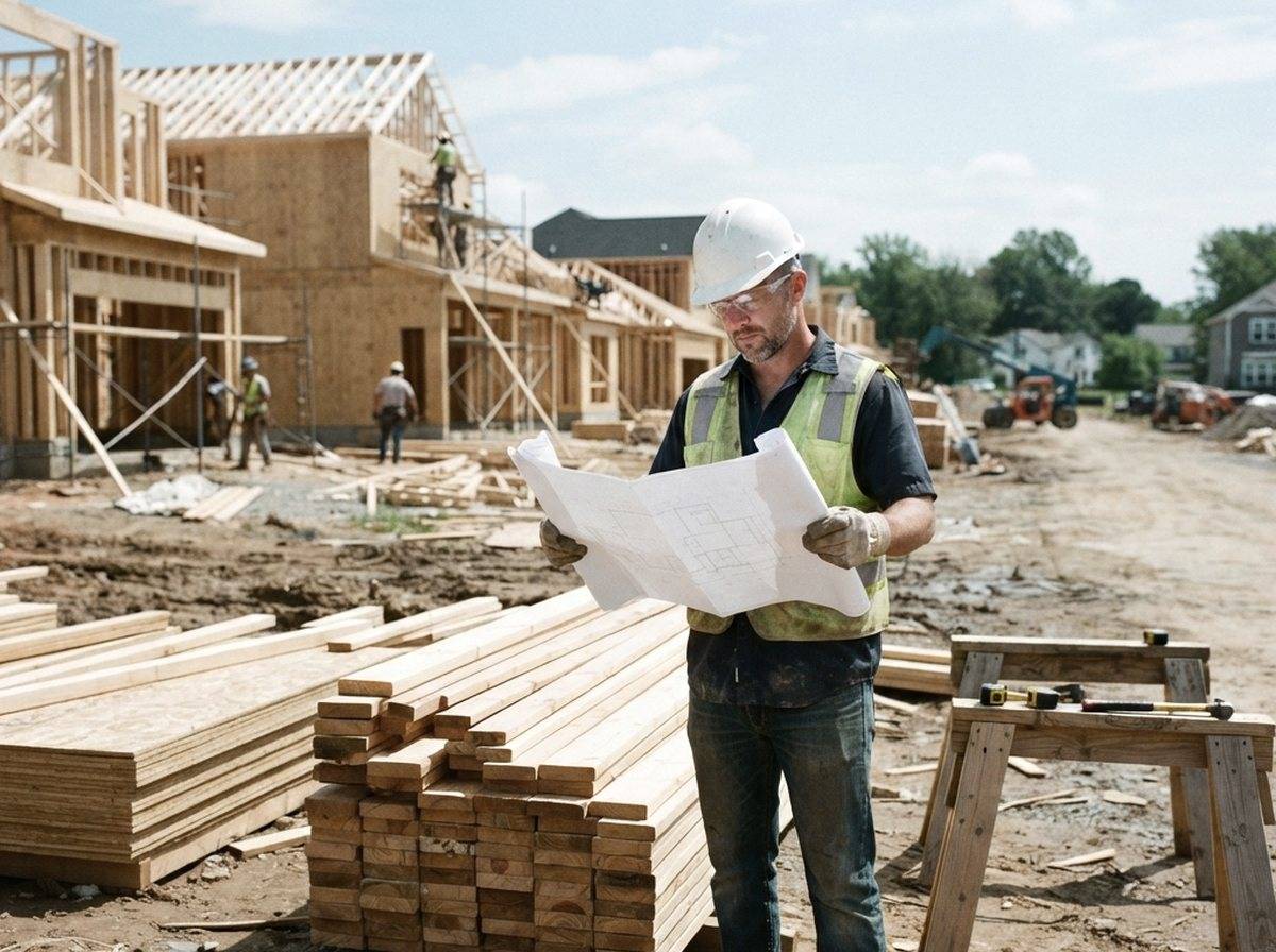 A construction worker reviews blueprints at a suburban housing development site during daytime.