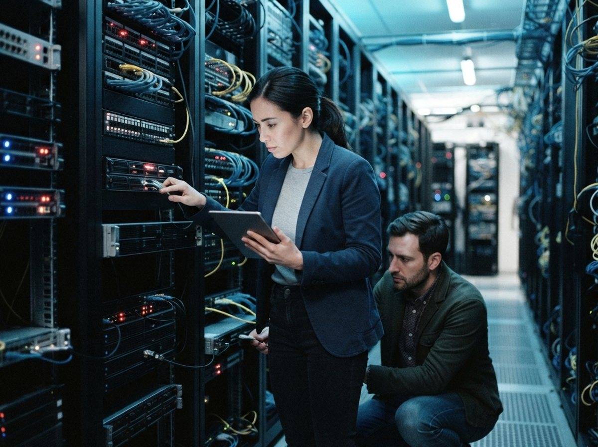 A consultant and client engineer discuss AI model integration at a desk with multiple monitors.