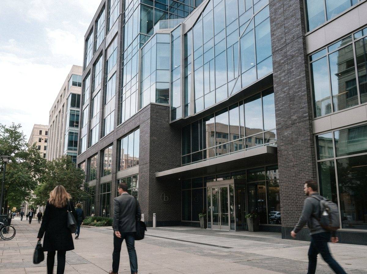 A corporate headquarters lobby with marble floors and natural light streaming through glass doors.