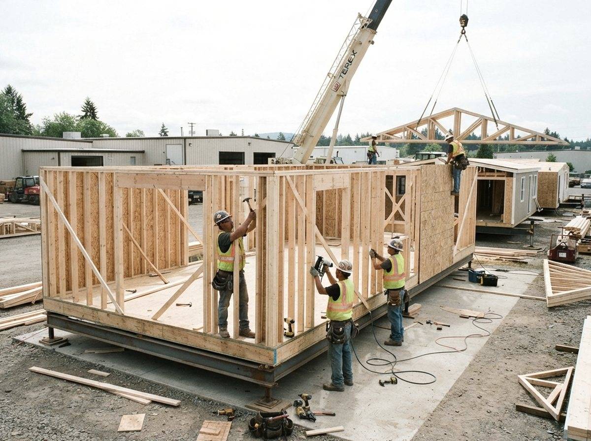 A couple and a real estate agent stand outside a newly built manufactured home during a midday viewing.