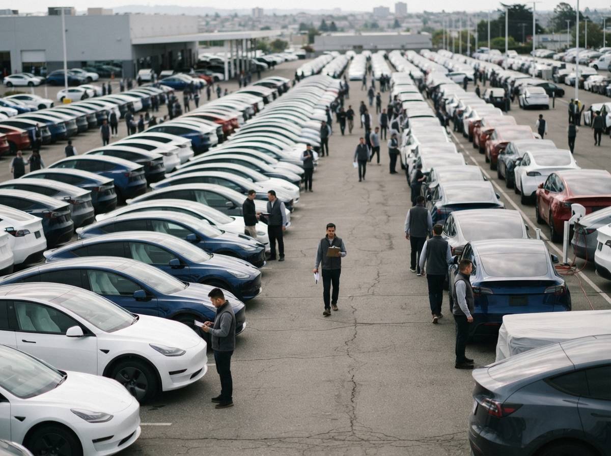 A customer signs delivery paperwork next to a new Tesla Model Y inside a dealership showroom.
