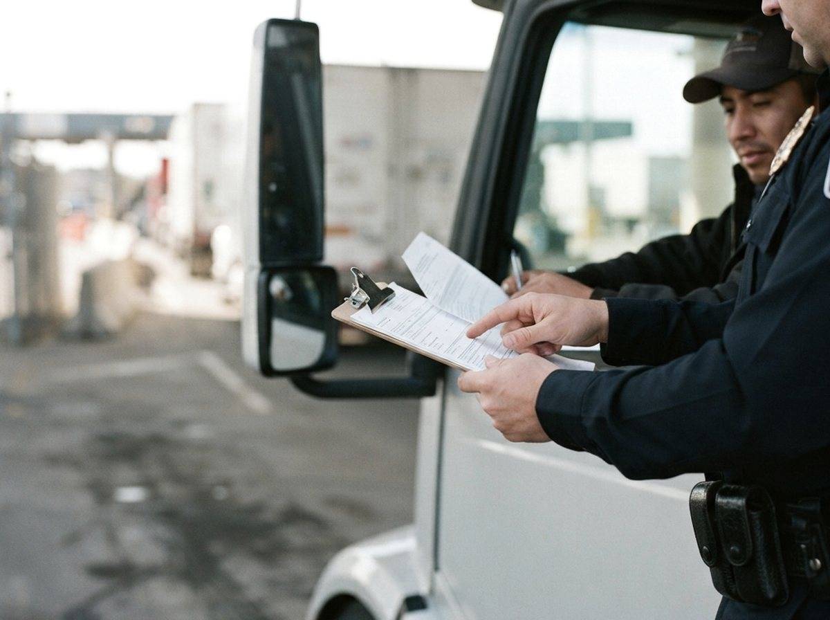A customs officer reviews paperwork next to a freight truck at a border inspection point.