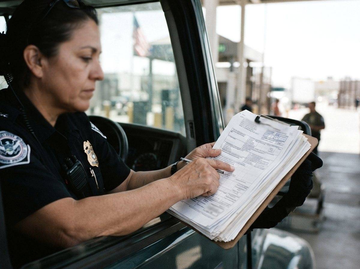 A customs officer reviews shipping documents at a border checkpoint.