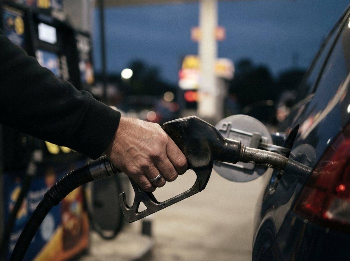 A driver fills up at a gas station pump showing a price above 3.80 dollars per gallon.