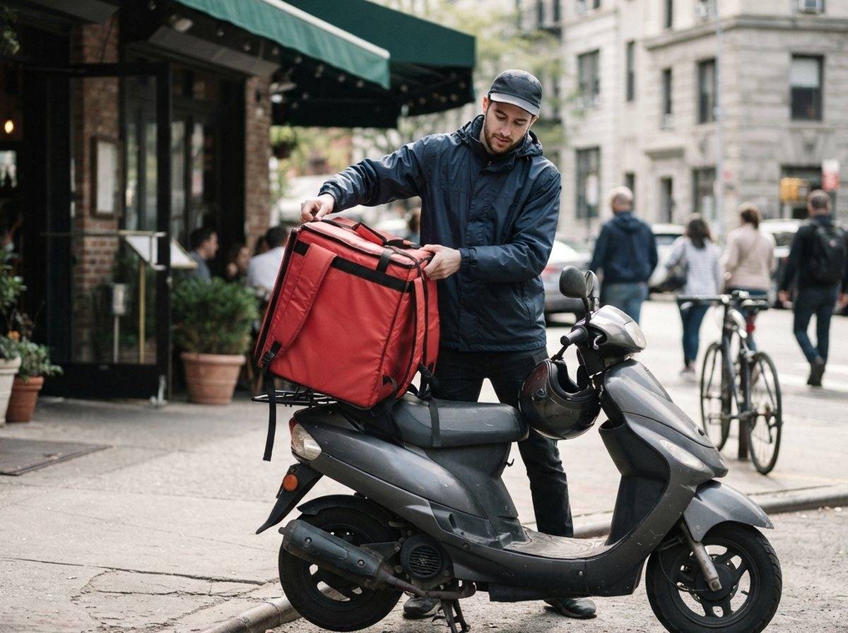 A food delivery courier on a moped waits at a city intersection in the evening.
