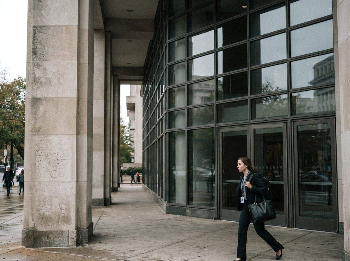 A glass corporate office tower photographed from street level during the day.