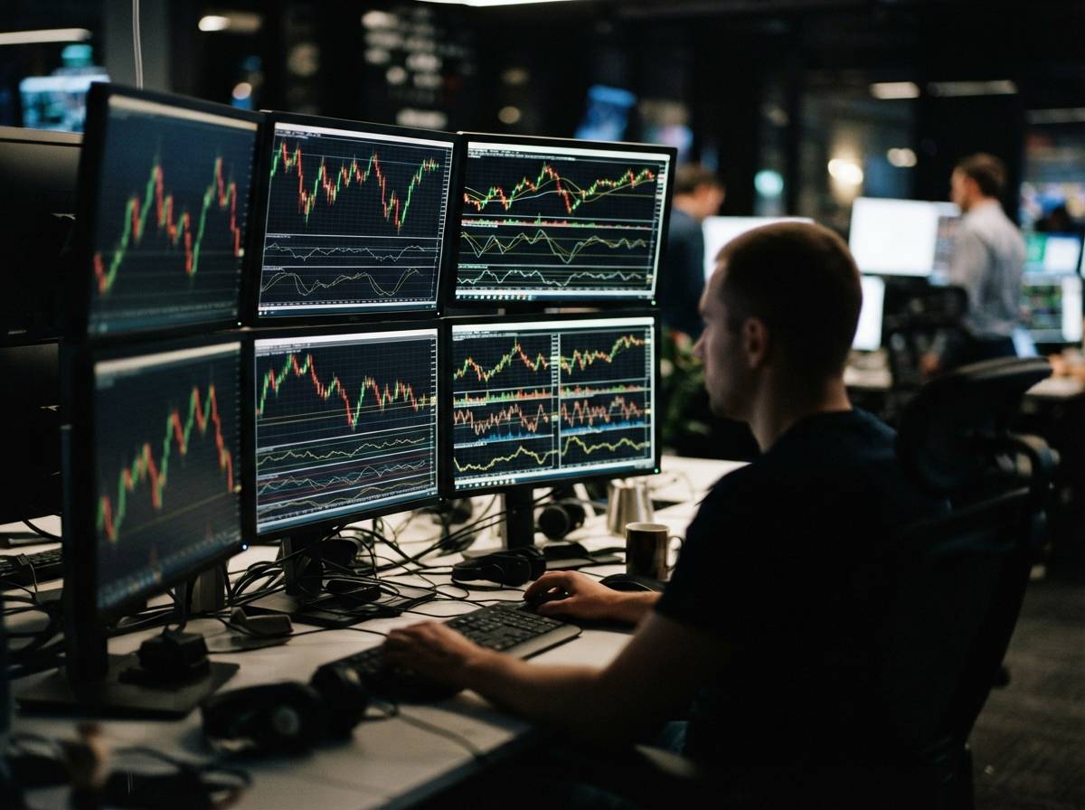A hand holds a smartphone displaying a cryptocurrency trading app with price data on screen.