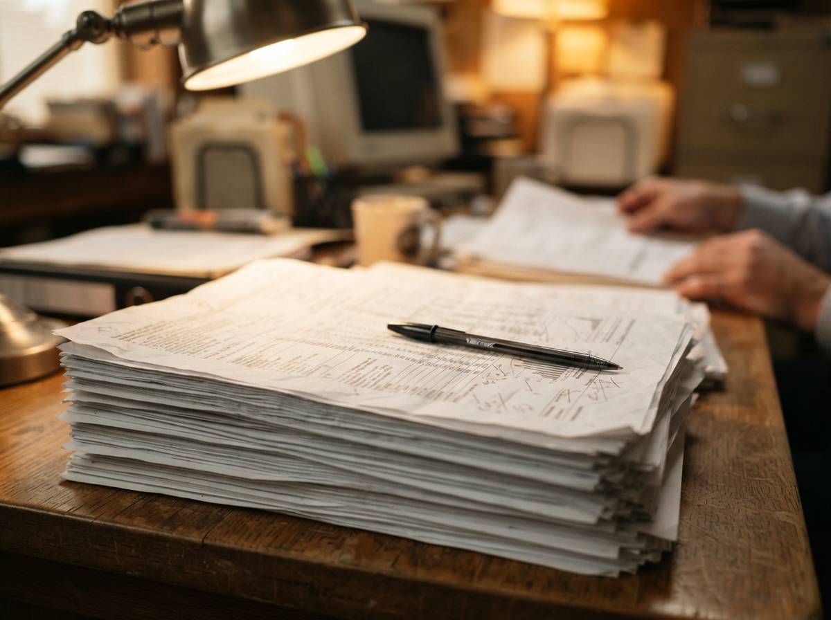 A hand turns pages of a thick government disclosure filing with a blurred crypto price chart visible on a nearby screen.