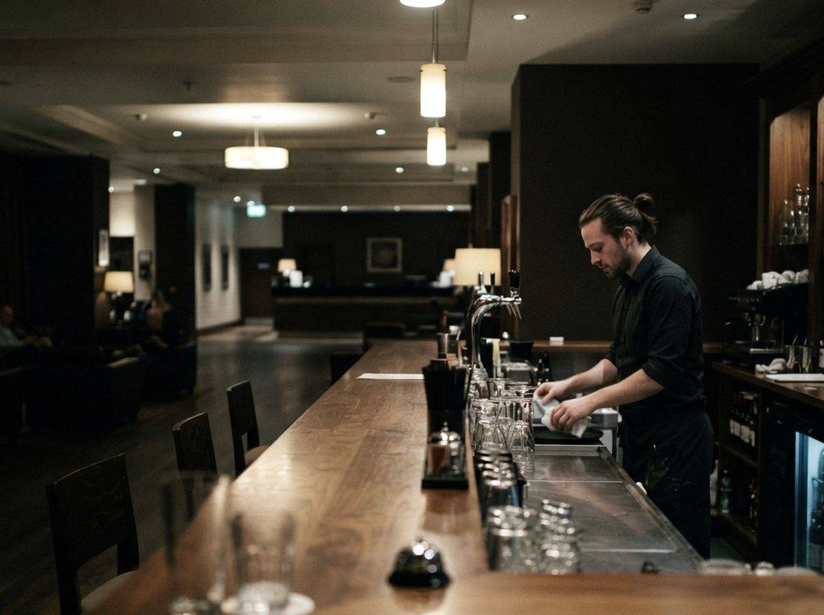 A hospitality worker stands in a quiet restaurant reflecting sector job losses.