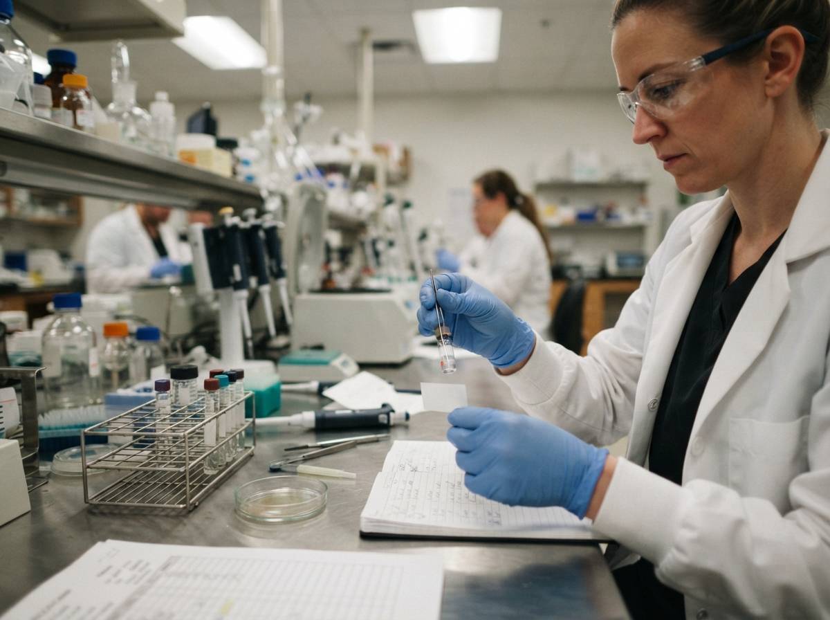 A lab technician examining vials inside a pharmaceutical clinical trial laboratory.