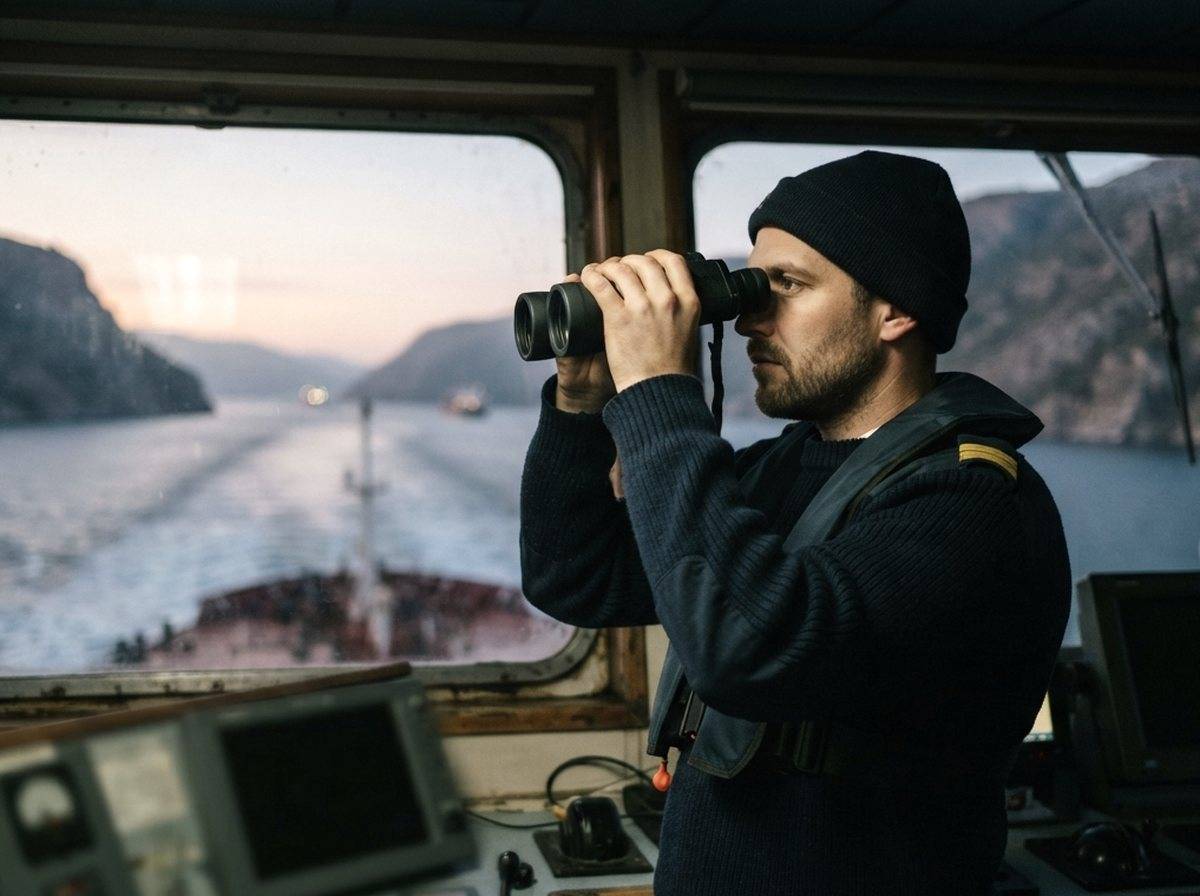 A maritime operations worker monitors vessel tracking screens showing ship positions near a strait at night.
