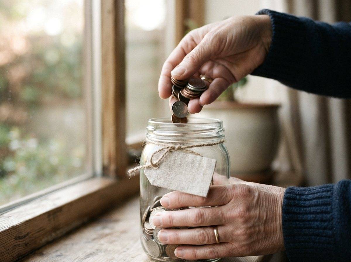 A parent and child add a coin to a piggy bank together at home.