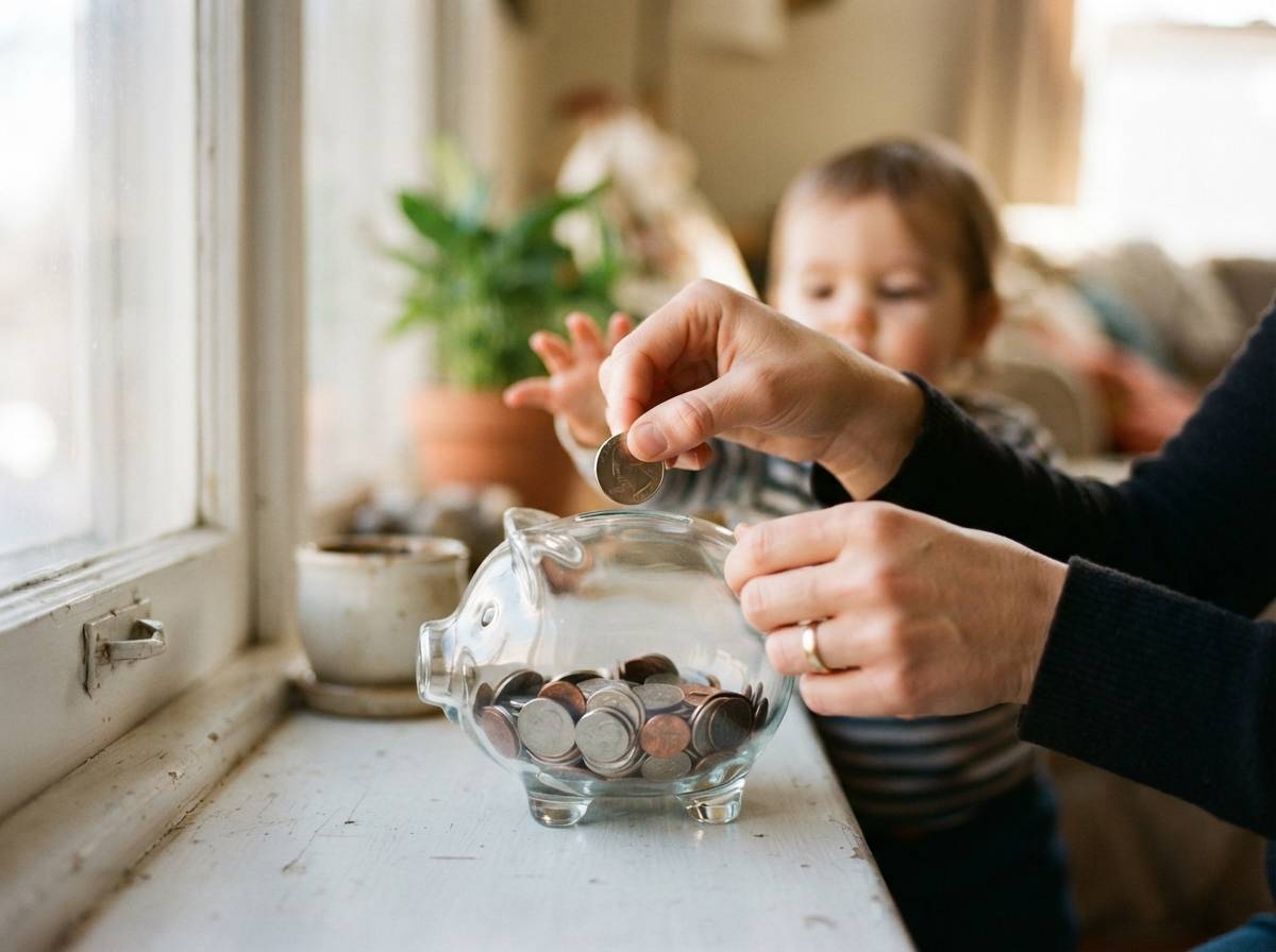 A parent fills out paperwork to open a child savings account beside a laptop on a home desk.