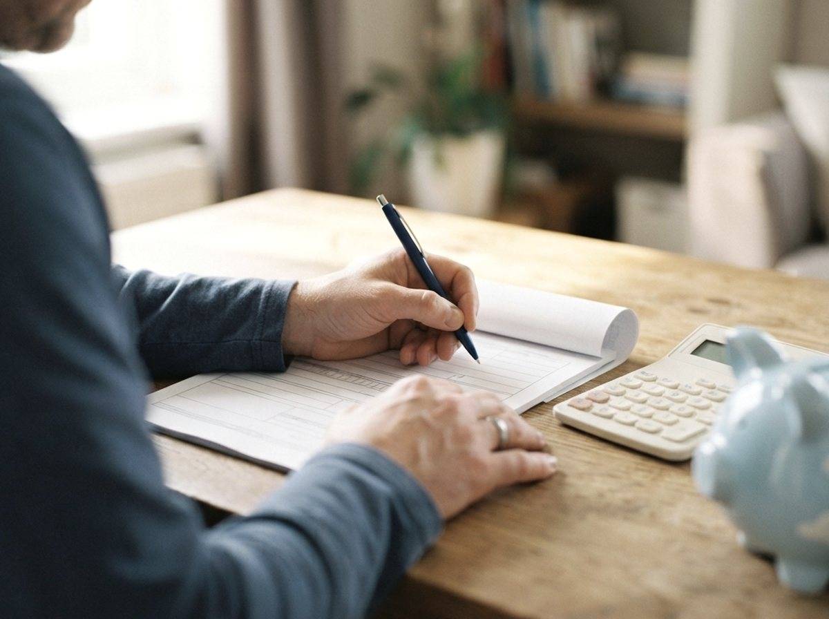 A parent's hands organizing financial paperwork next to a laptop on a home desk.