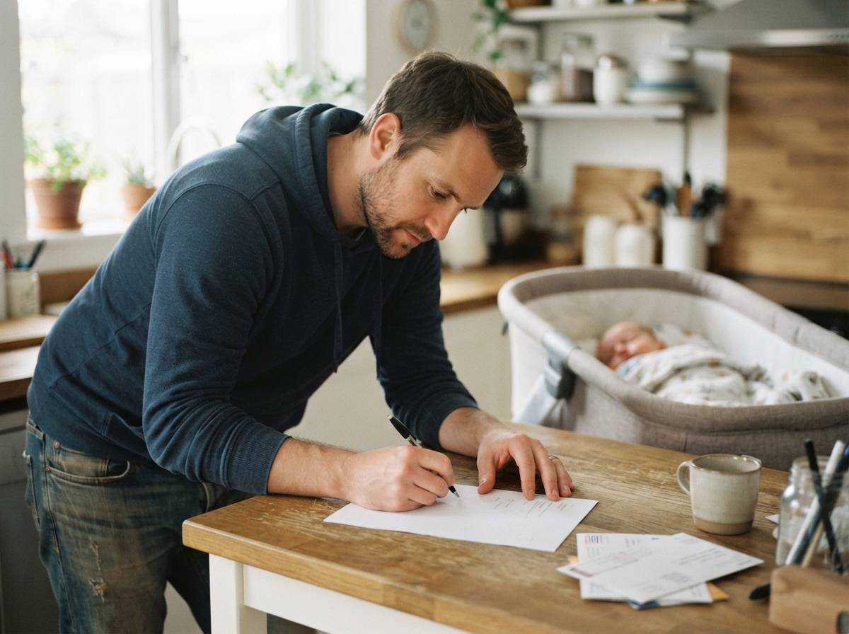 A parent signing a tax form to open a child's investment account.