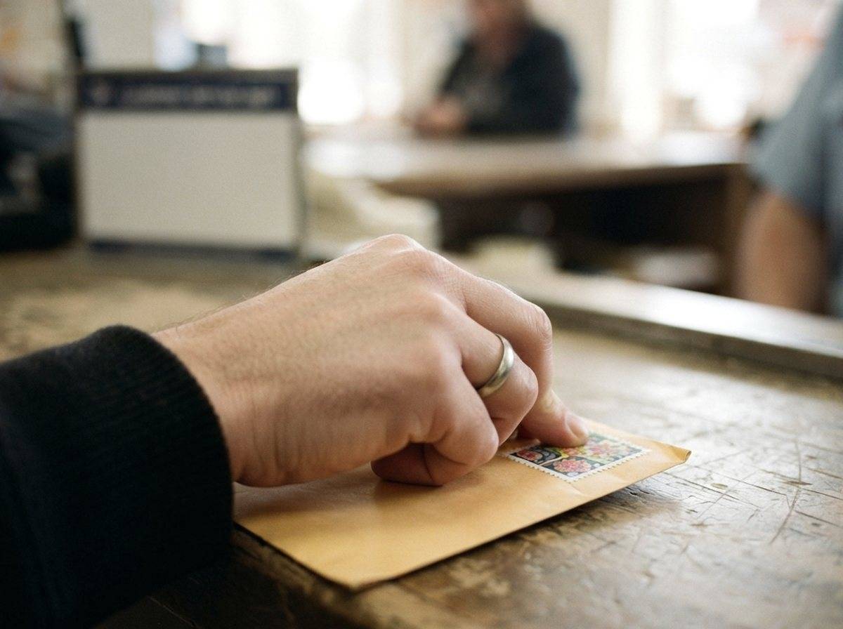A postal worker sorts letters into trays inside a mail processing facility.