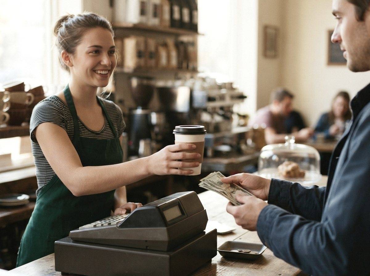A restaurant server tucks folded cash tips into an apron pocket during a shift.