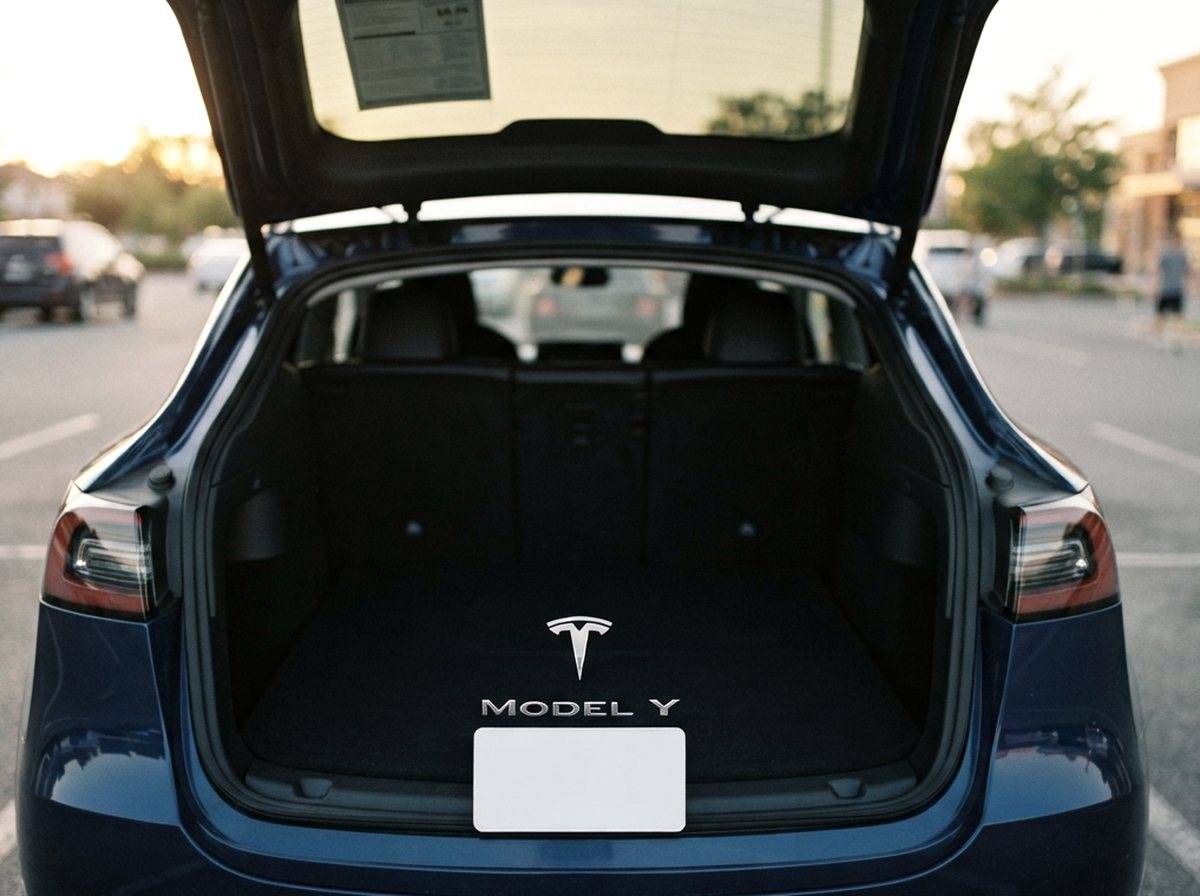 A salesperson shows a customer the third row seating inside a six seat Tesla Model Y at a showroom.