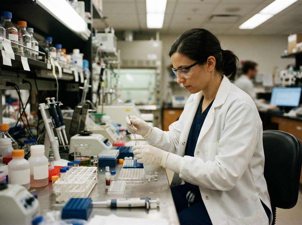 A scientist in a laboratory examining sample vials during clinical research work.