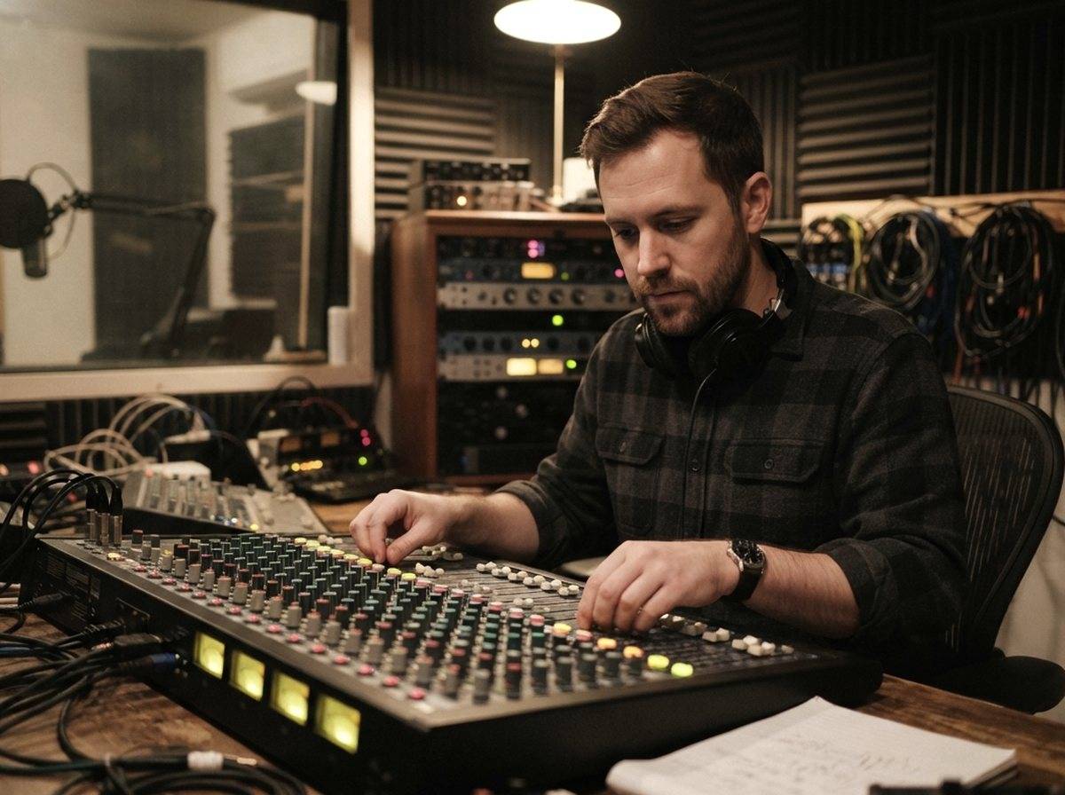 A sound engineer adjusts a mixing board in a dimly lit recording studio.