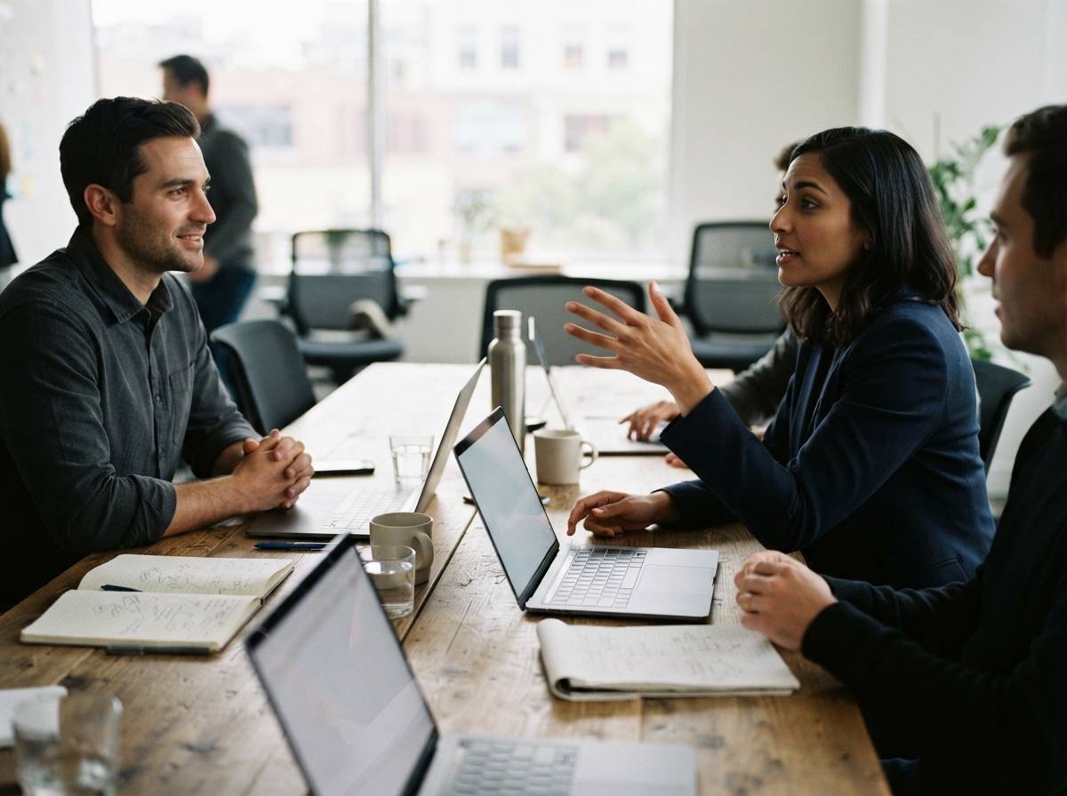A team meeting around a table with laptops open.