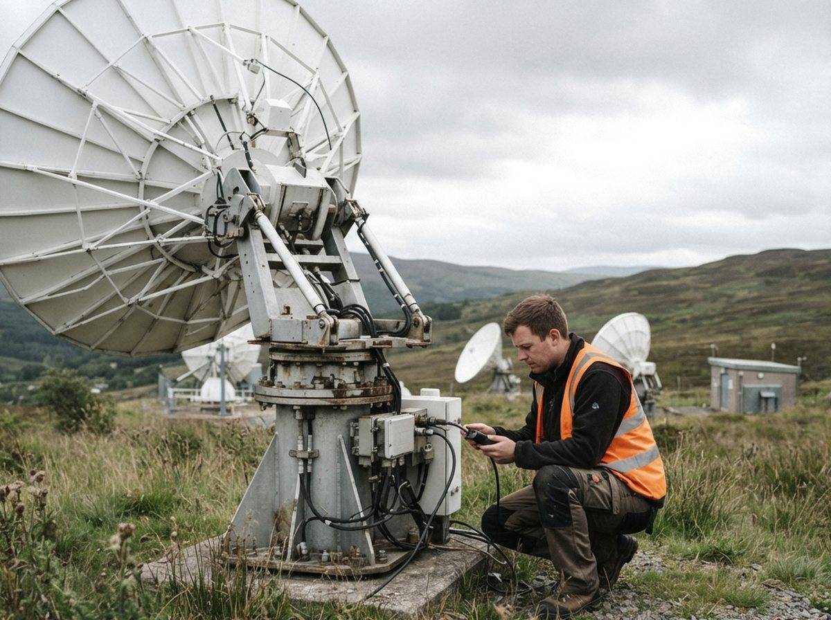 A technician adjusts equipment near a satellite ground station dish array under daylight.
