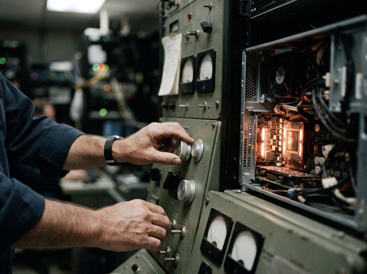 A technician adjusts reactor control panel dials near a server rack housing an AI chip.