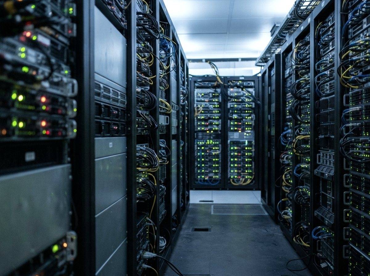 A technician checking server rack cables inside a data center corridor.
