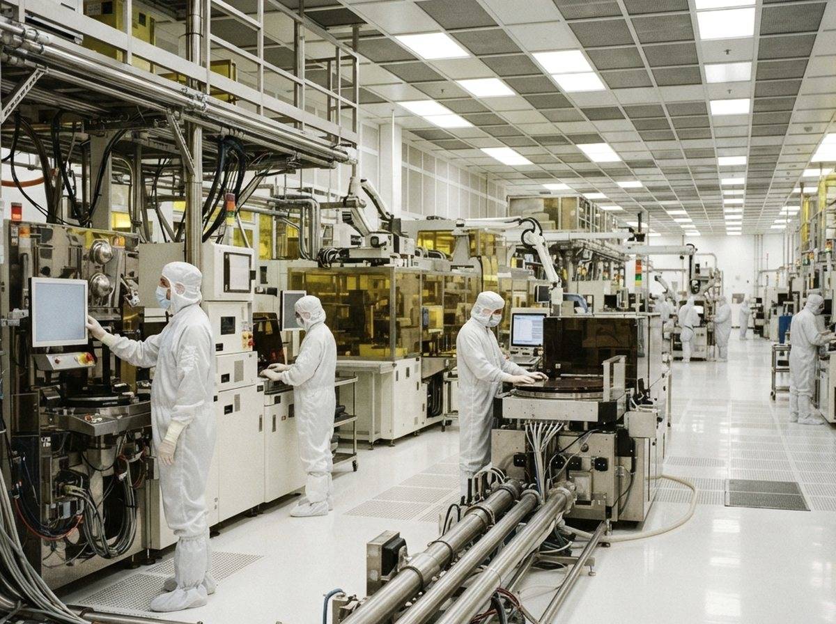 A technician in a cleanroom examines a silicon wafer under bright overhead lighting.