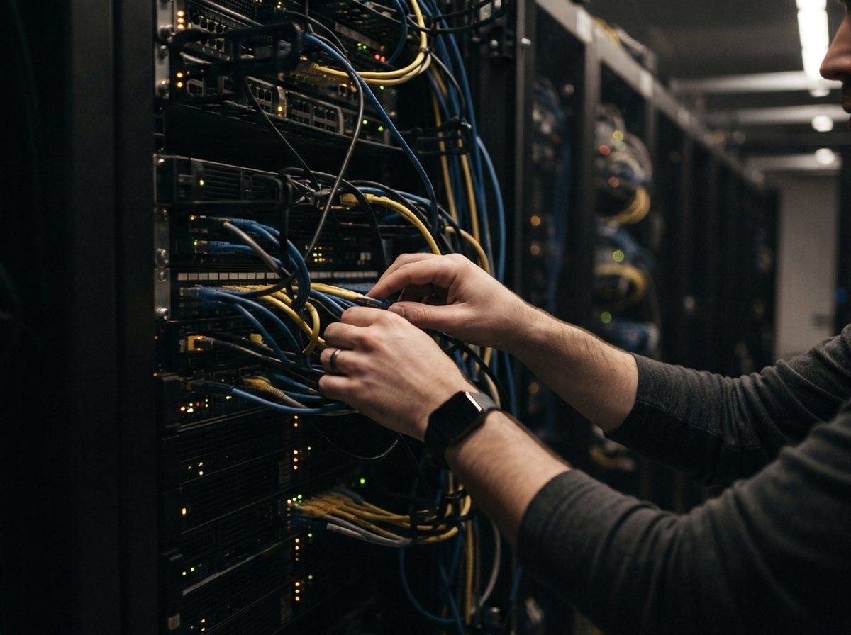 A technician inspects a rack of GPU servers inside a data center aisle.