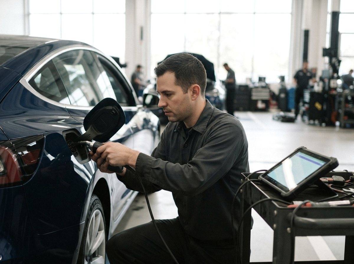 A technician inspects sensors on a white Tesla sedan inside a service center.