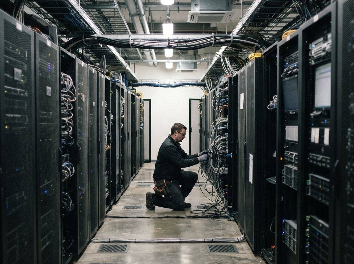 A technician inspects server racks inside a data center used for AI infrastructure.