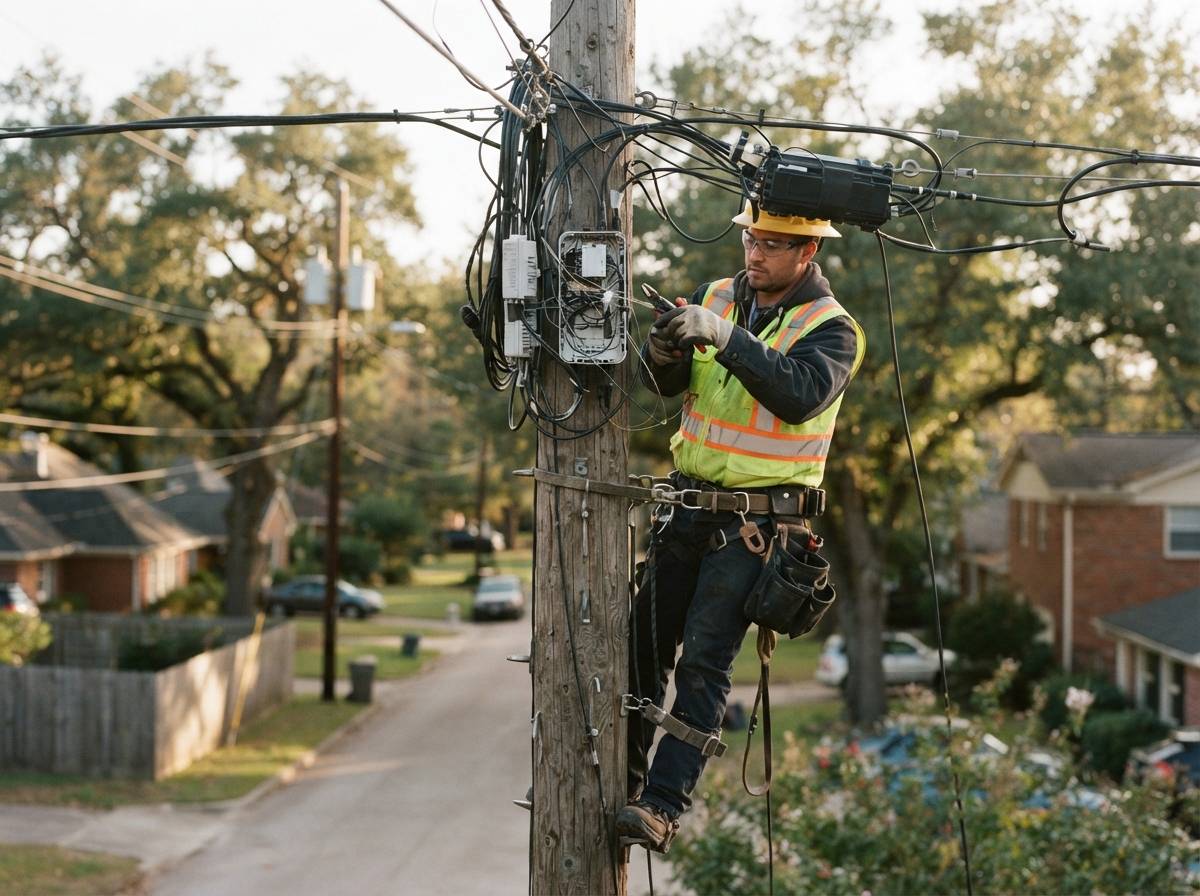 A technician's hands connecting fiber optic cables inside an open utility box on a city street.