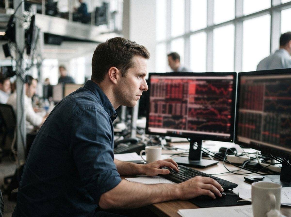 A trader leans toward a monitor displaying falling stock prices in a sunlit trading office.
