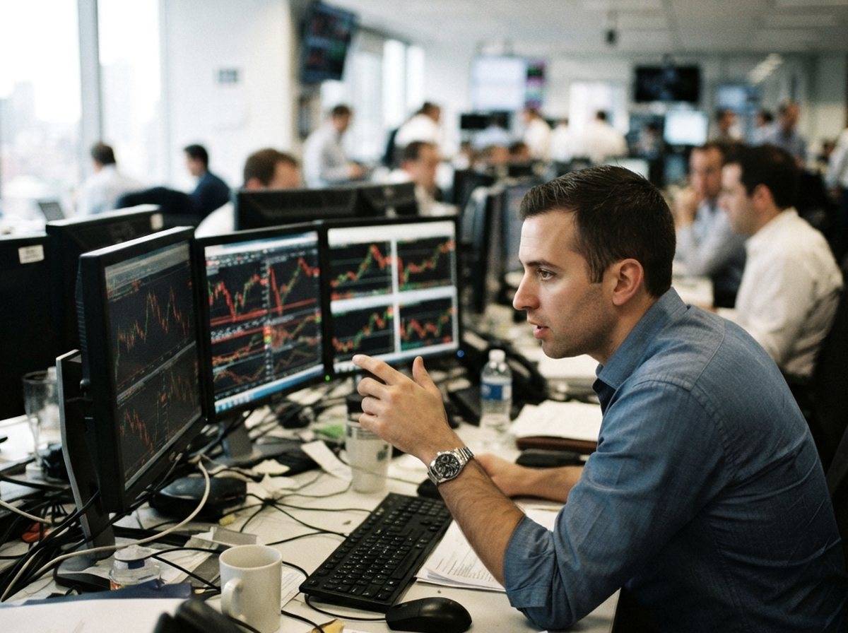 A trader monitors crude oil price charts on multiple screens at a dimly lit desk.