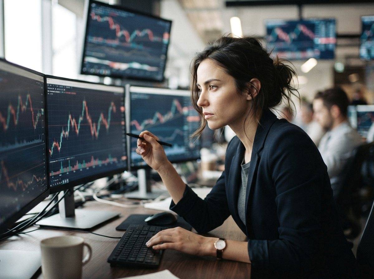 A trader monitors stock charts on multiple screens in a dimly lit office at night.