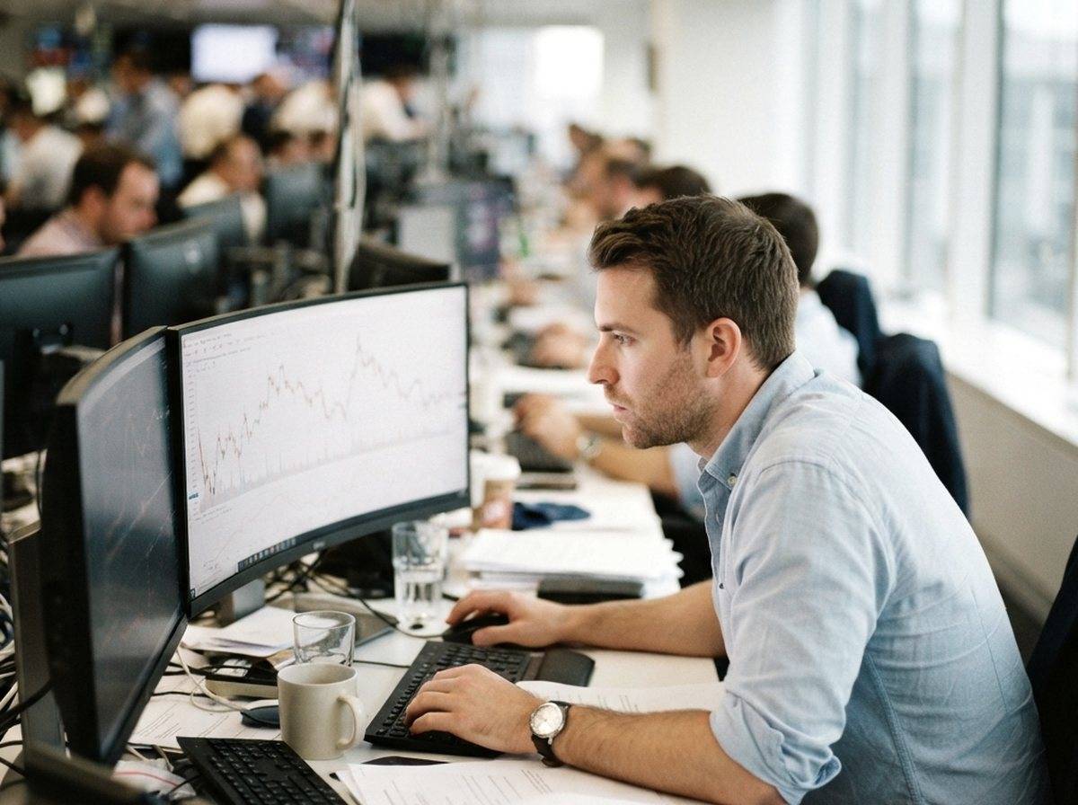 A trader studies stock charts on multiple monitors during afternoon trading.