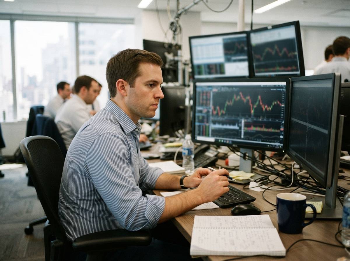 A trader studies stock price movements on a monitor in a busy office.