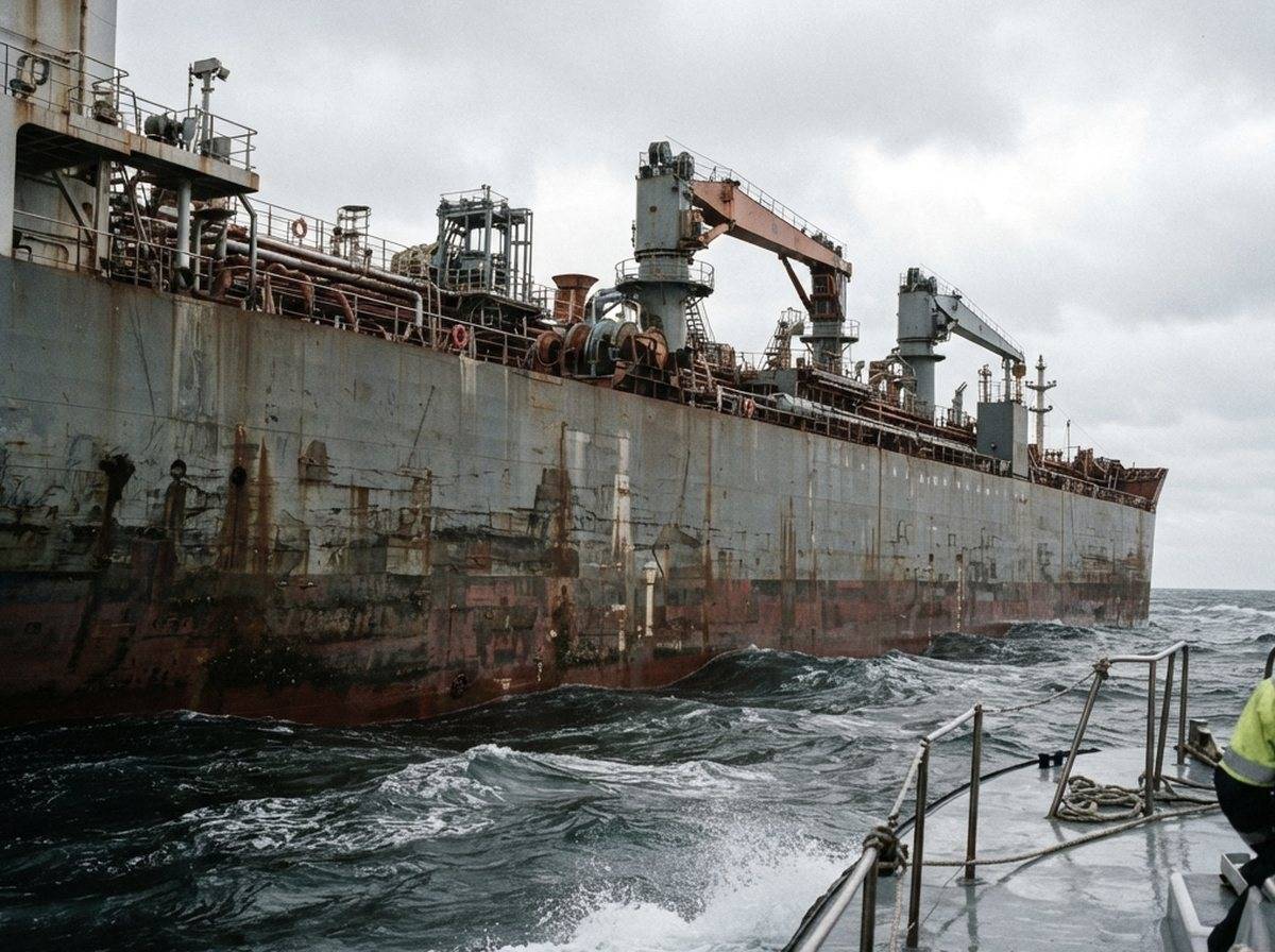 A view from a small boat looking up at the hull and cranes of a large oil tanker at sea.