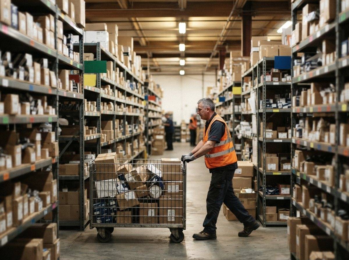 A warehouse worker pushes a cart down an aisle of stacked auto parts boxes.