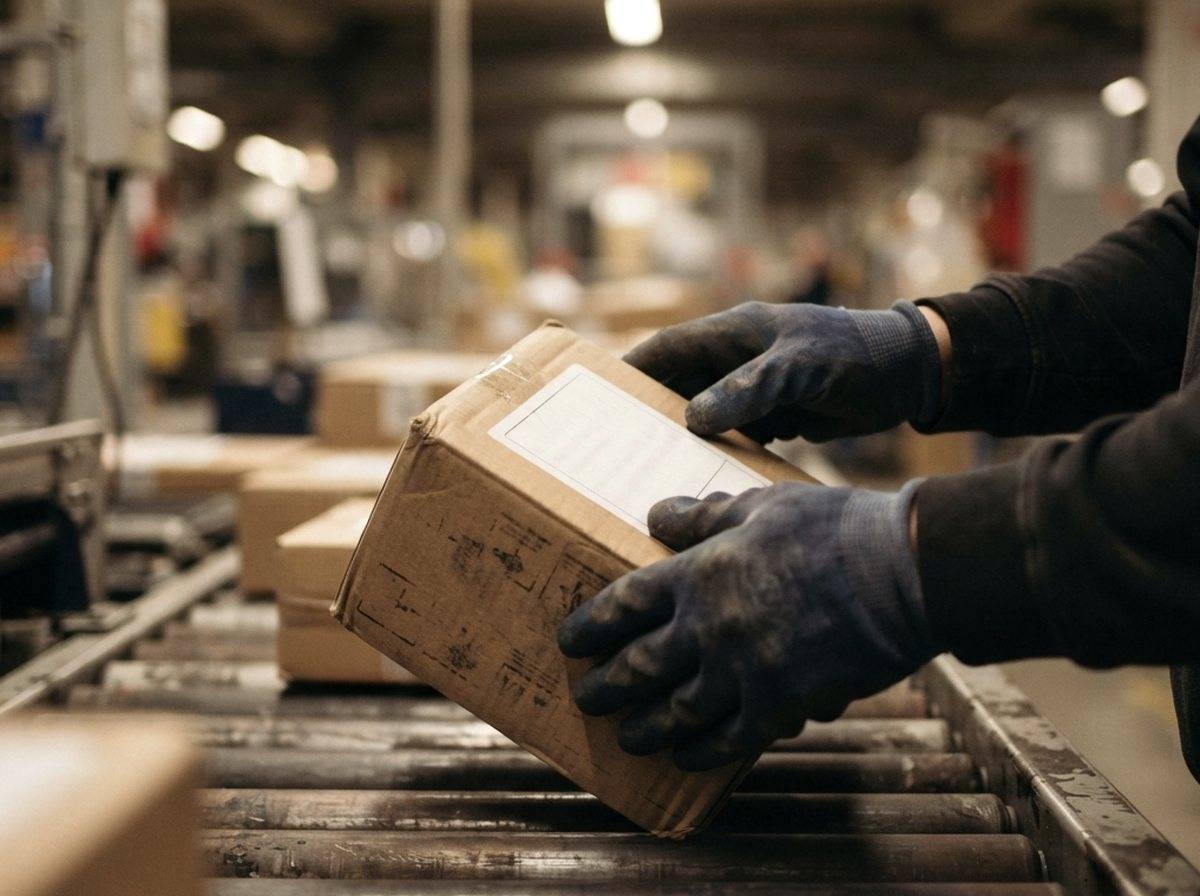 A warehouse worker scans shipping boxes with a handheld barcode reader under natural light.