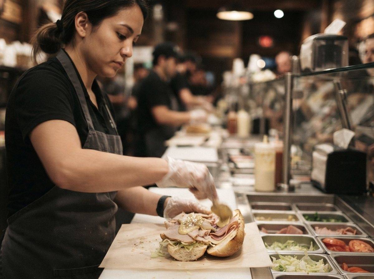 A worker prepares a sandwich behind the counter at a Jersey Mike's location.