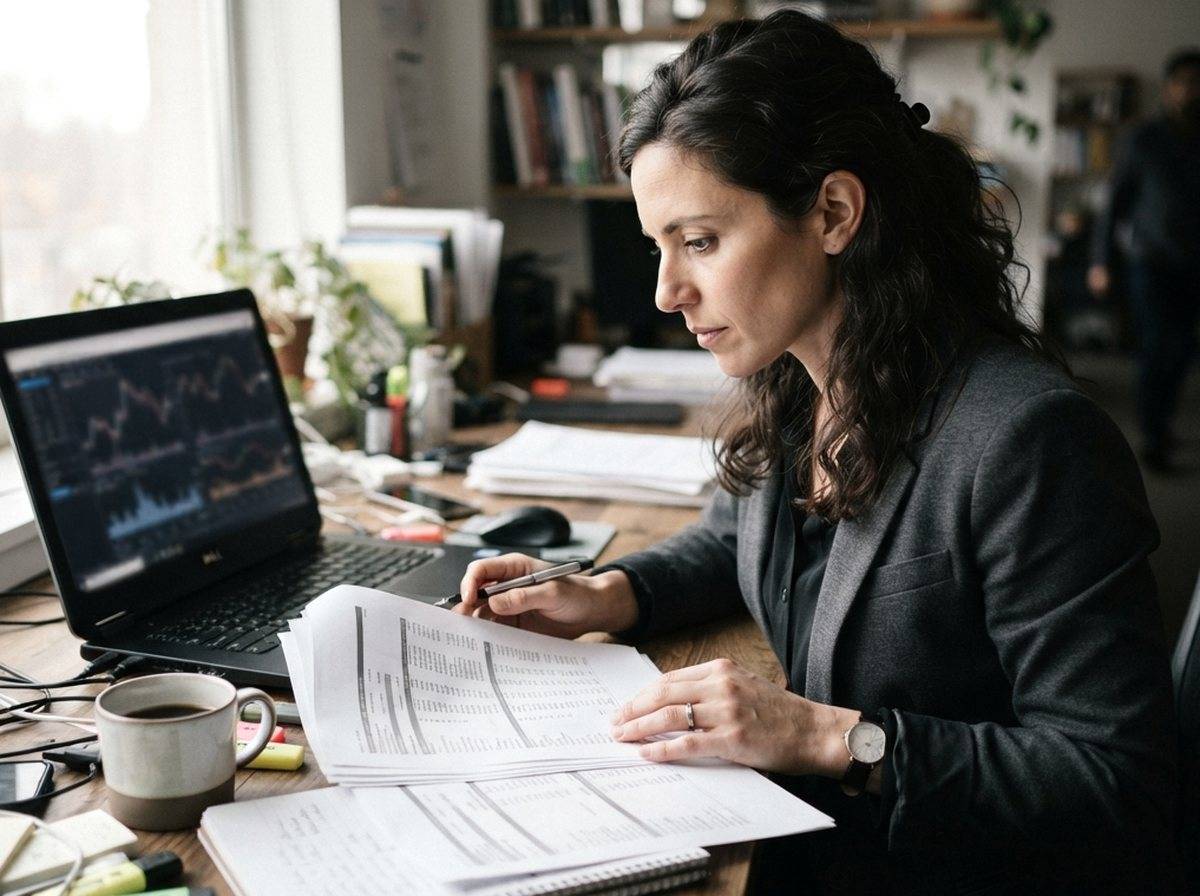 An analyst reviews printed financial statements and stock charts at a desk.