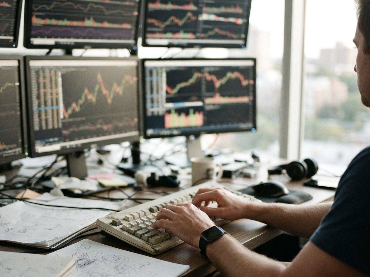 An analyst reviews stock charts on multiple monitors at a dimly lit office desk.
