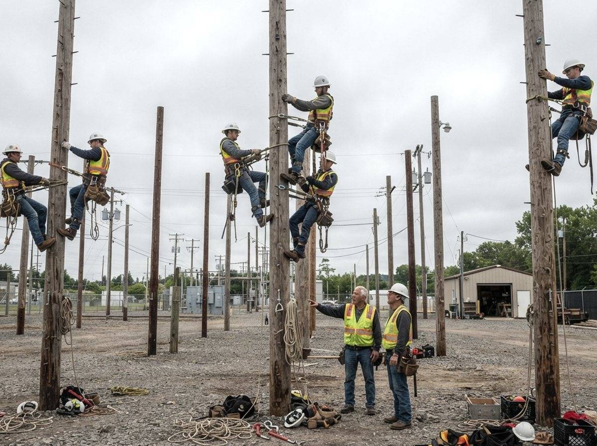 An apprentice electrician trains with a senior lineman on conductor cable at an outdoor training yard.