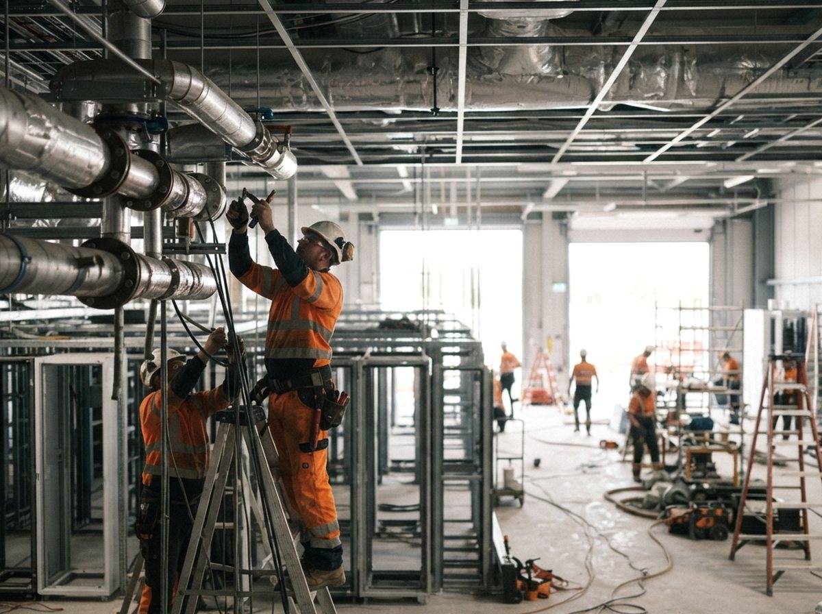 An engineer inspects liquid cooling pipes inside a partially constructed data center hall.